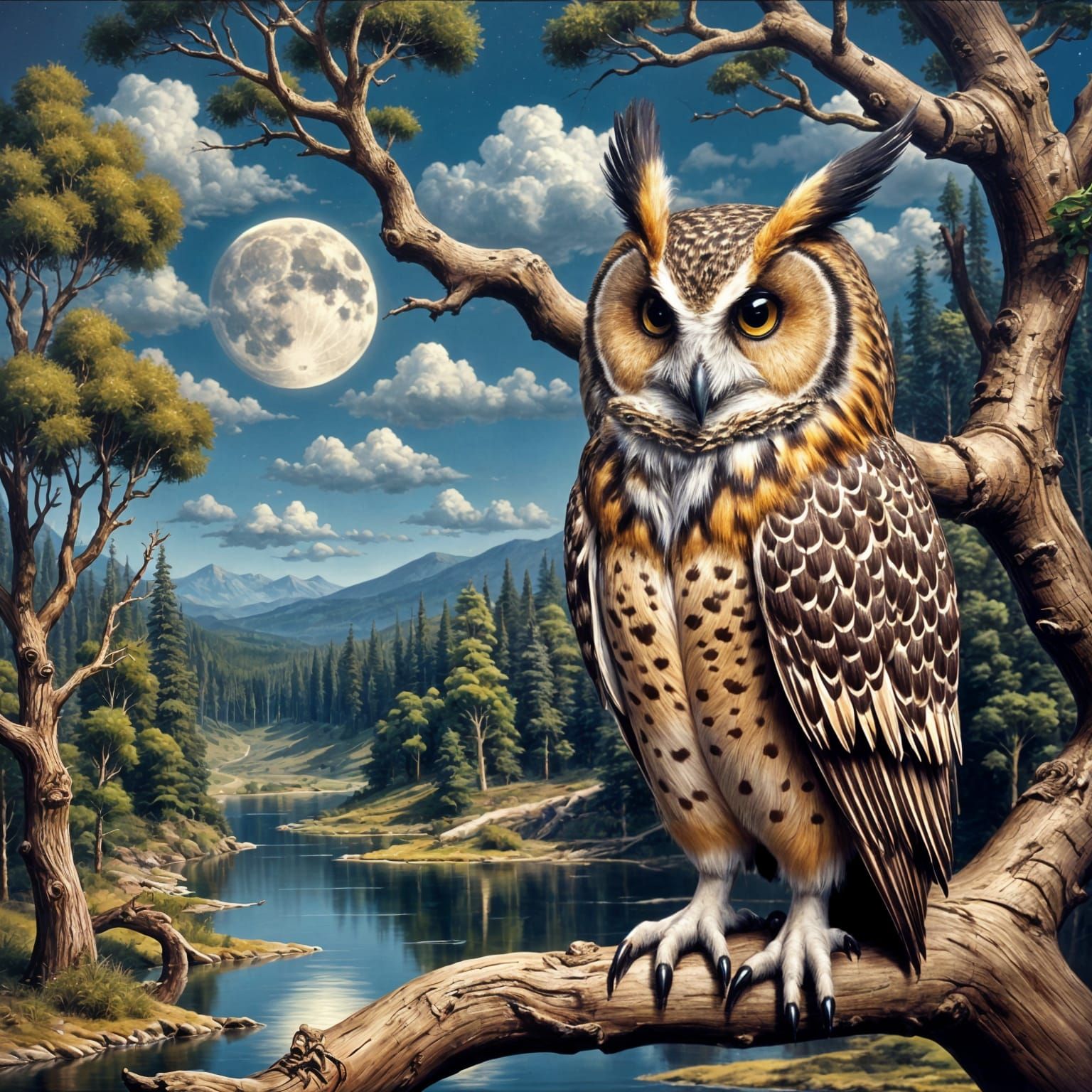 Owl Under Moonlight in Luminist Style