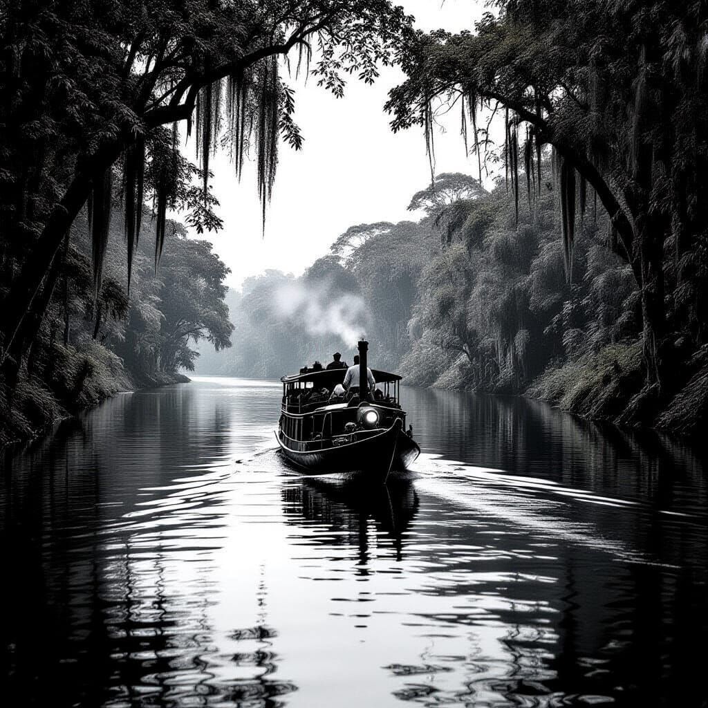 Steamboat on Serene Amazon River in 1920s Cinematic Style