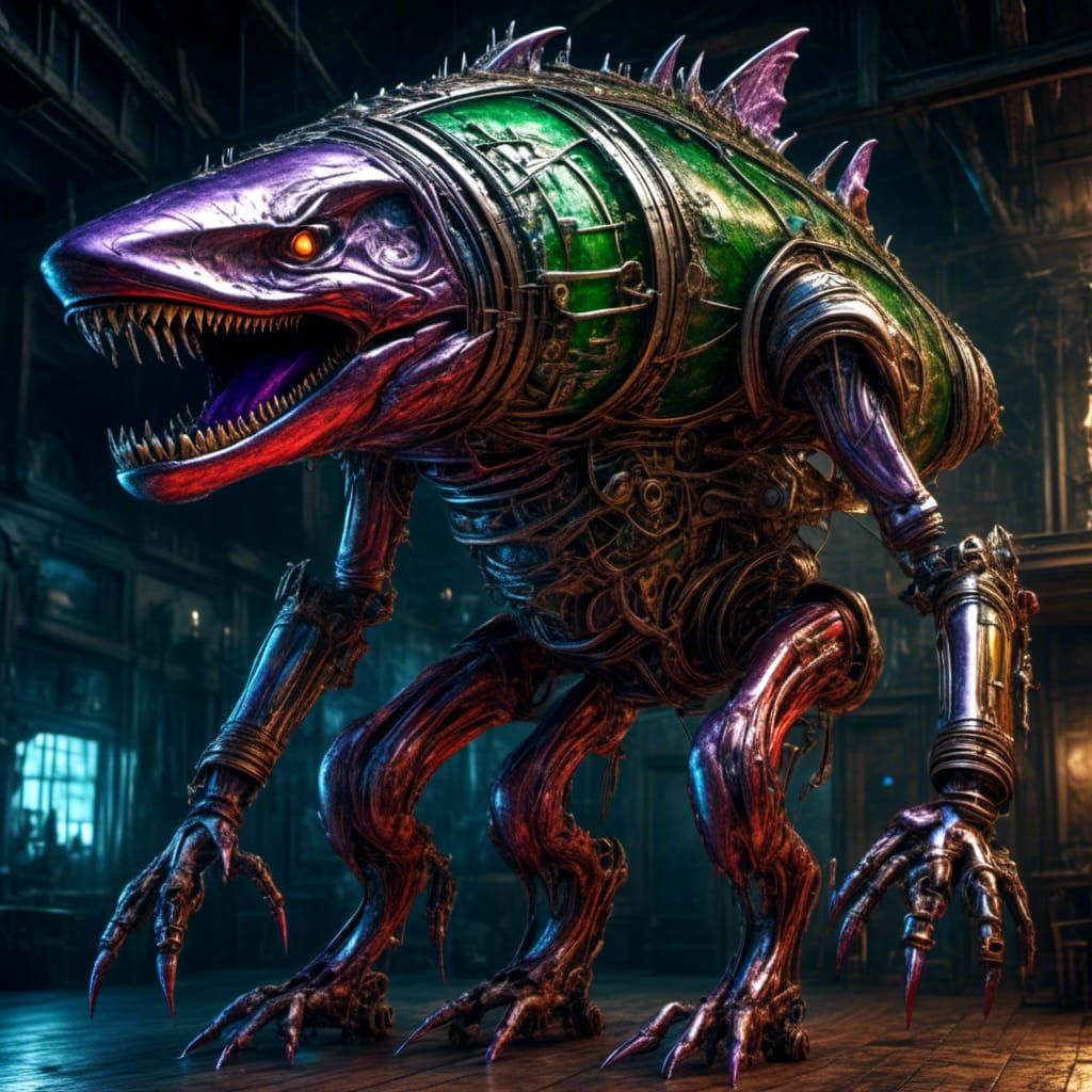 Steampunk Cyborg Creature with Shark Head in Art Deco Style