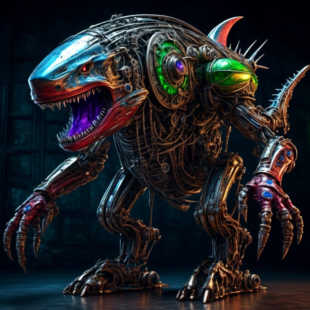 Steampunk Shark Cyborg Creature in Art Deco Style