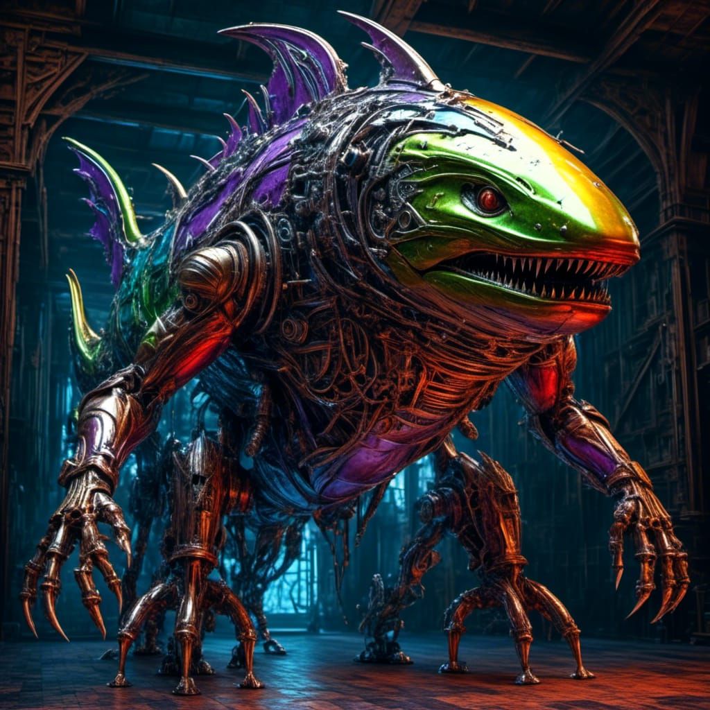 Steampunk Cyborg Shark Creature in Art Deco Style