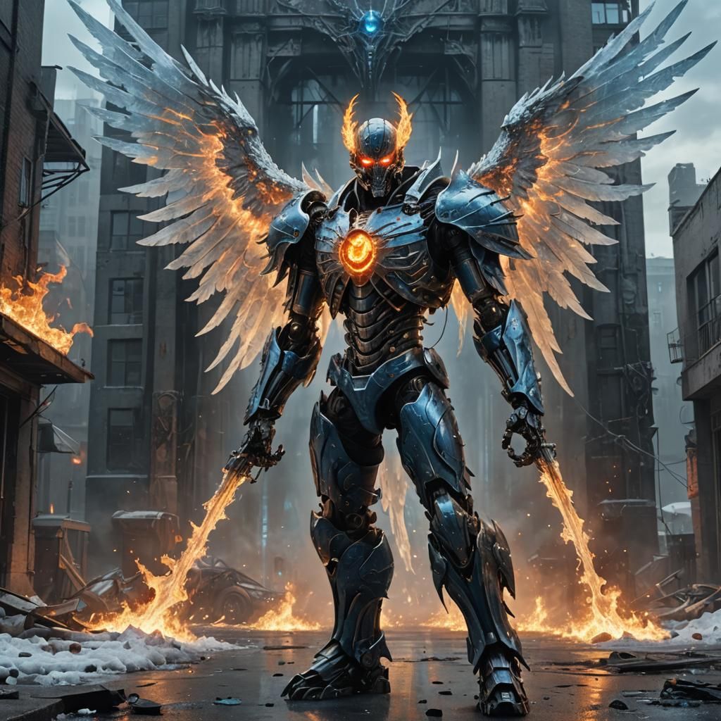 Winged Cyberpunk Figure in Fantasy Art Style