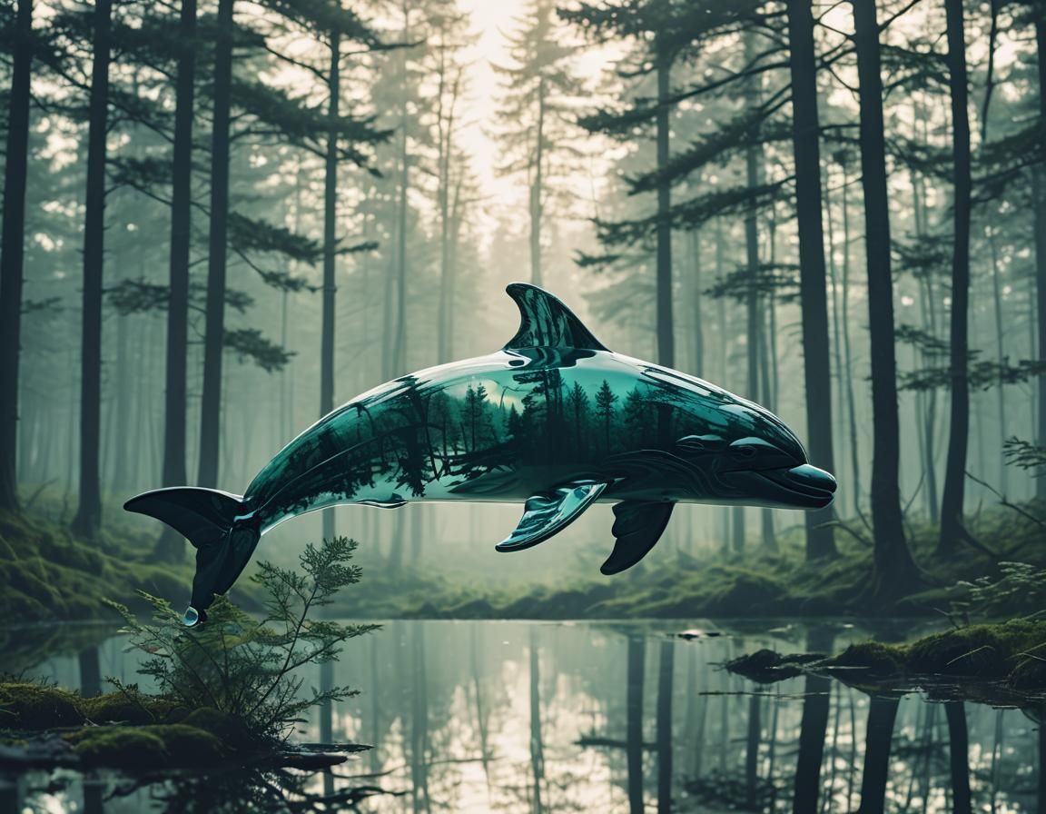 Nordic Glass Dolphin Silhouette with Forest