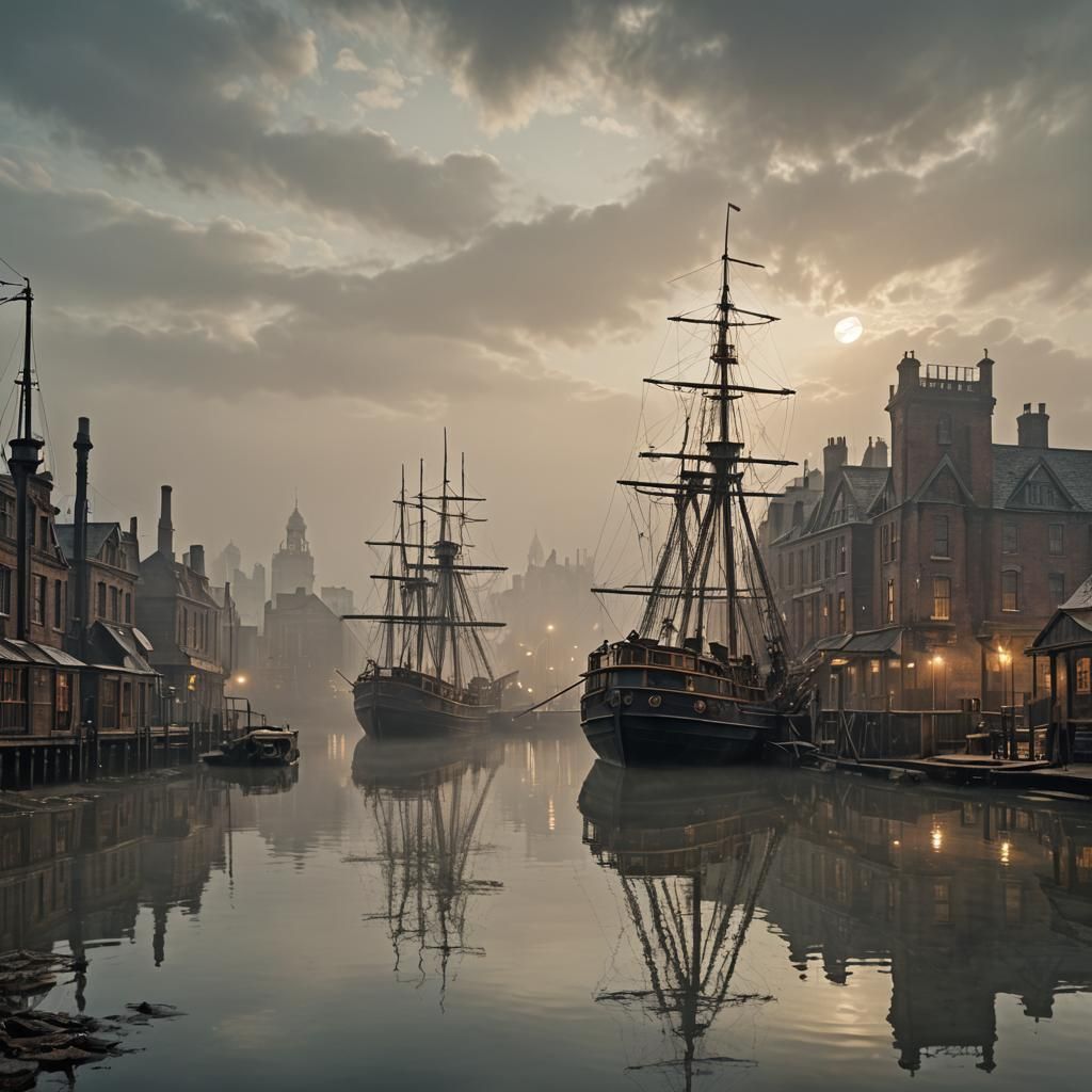Steampunk Victorian Dockside City at Dusk
