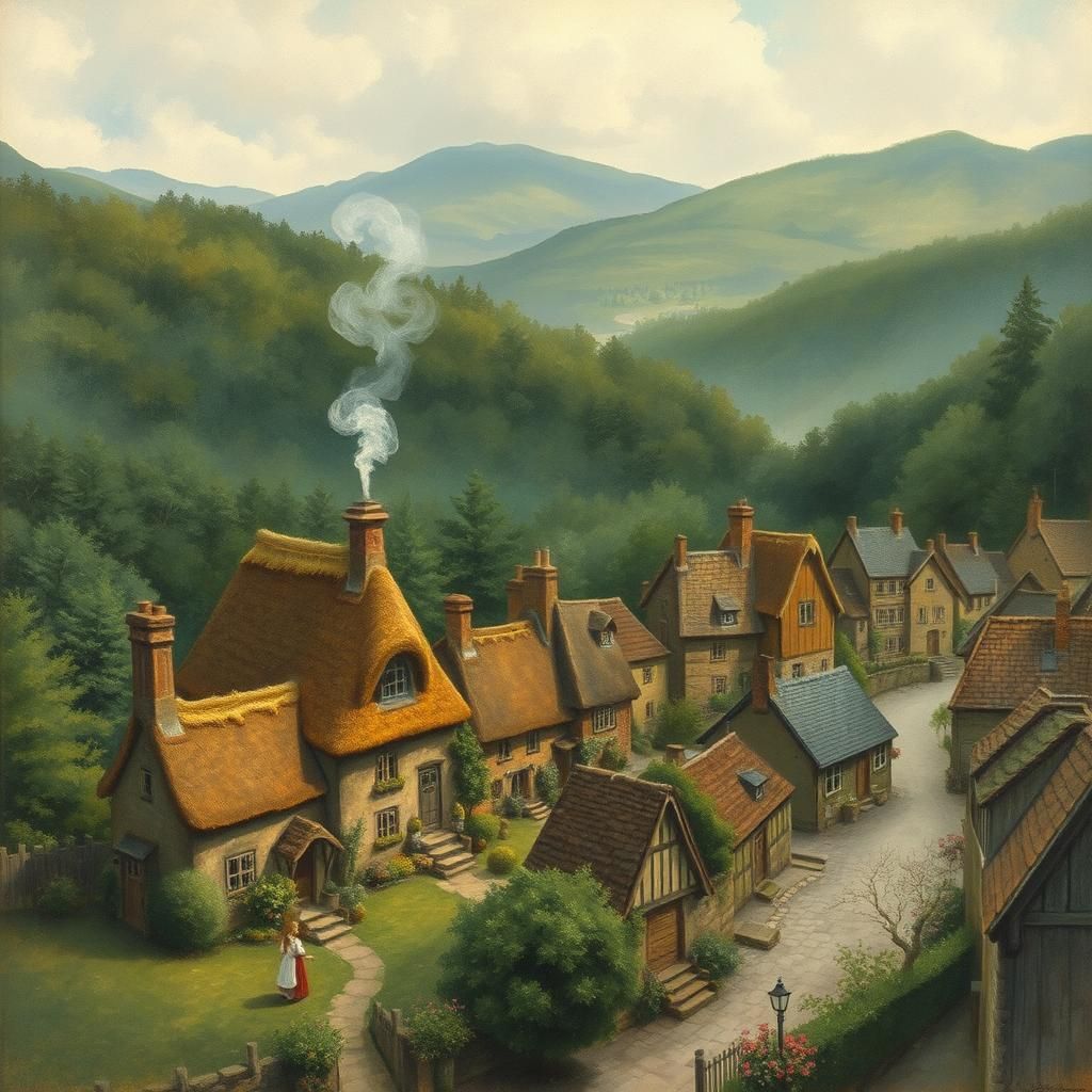 Rustic Village in Valley: Dreamlike Art Style