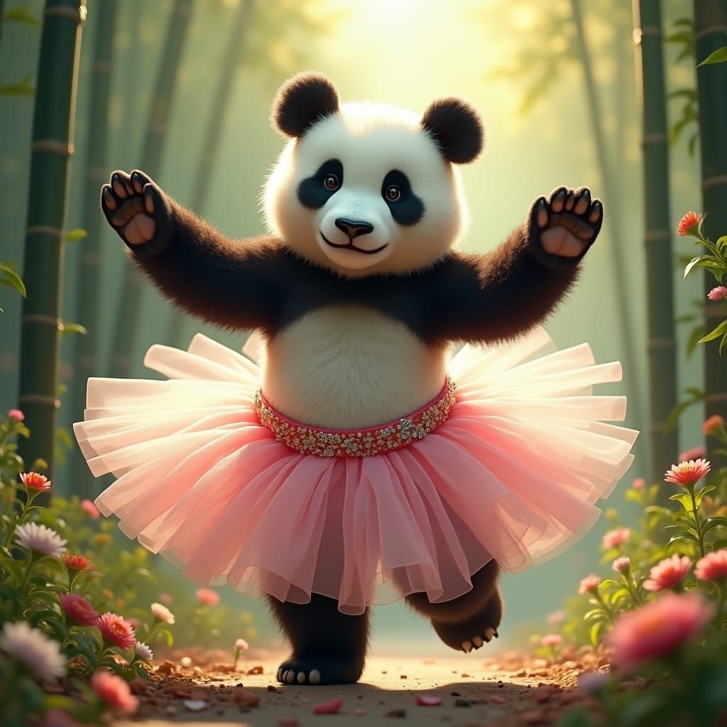 Panda Bear in Tutu Dances in Bamboo Forest