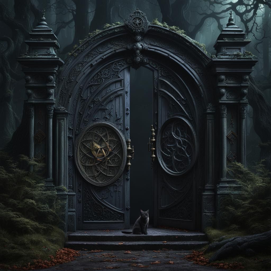 Dark Forest with Ornate Doors: Fantasy Art