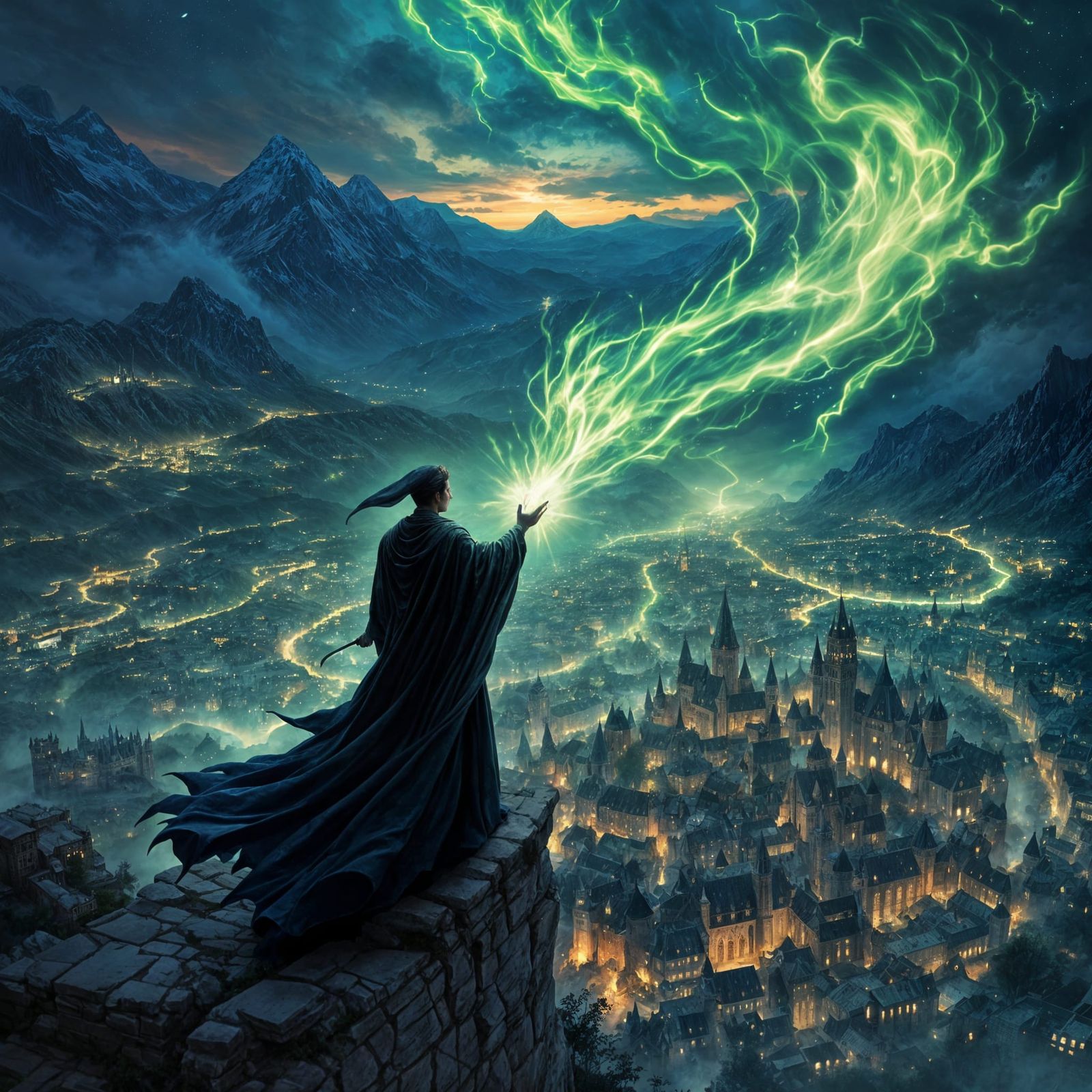 Mystical Wizard Unleashes Dark Magic on a Medieval City