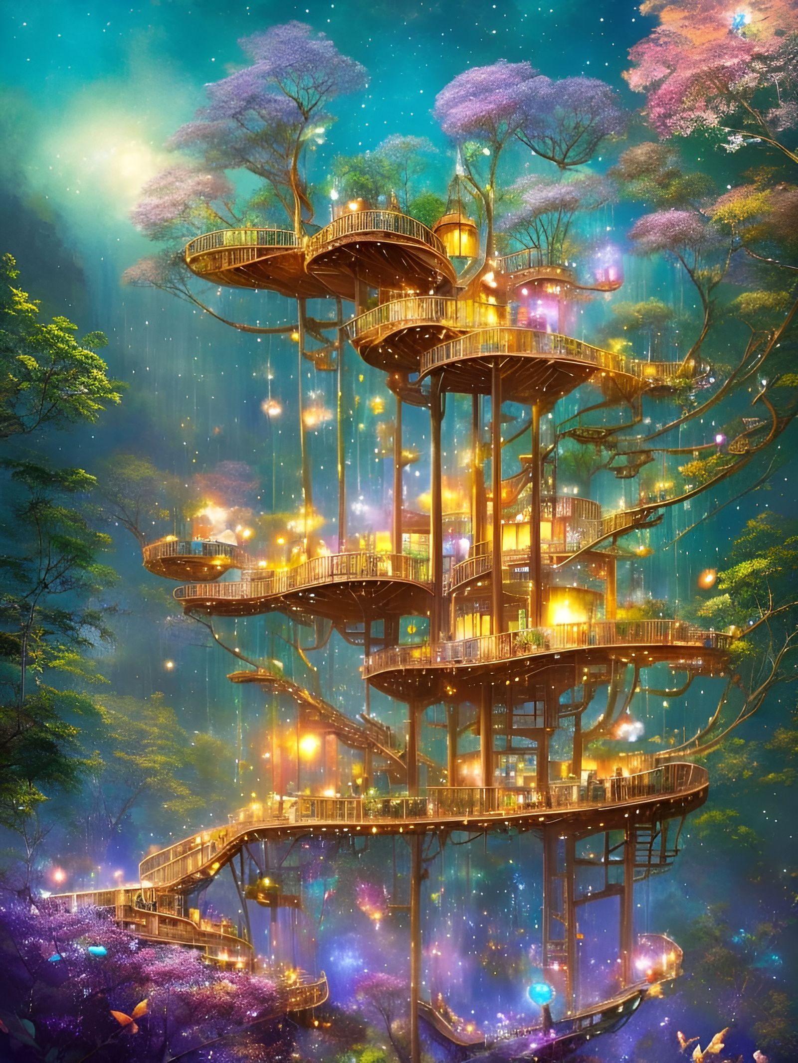 Starlight Treehouse on Waterfalls: A Digital Illustration