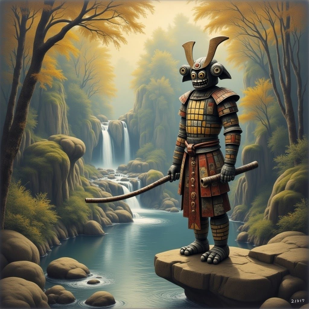 Samurai at Waterfall in Abstract Doll Art Style