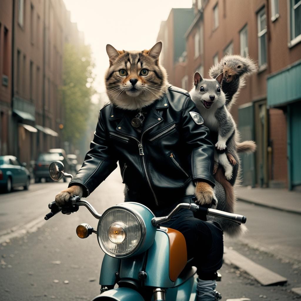Cat Dances on Motorcycle in Cinematic Still