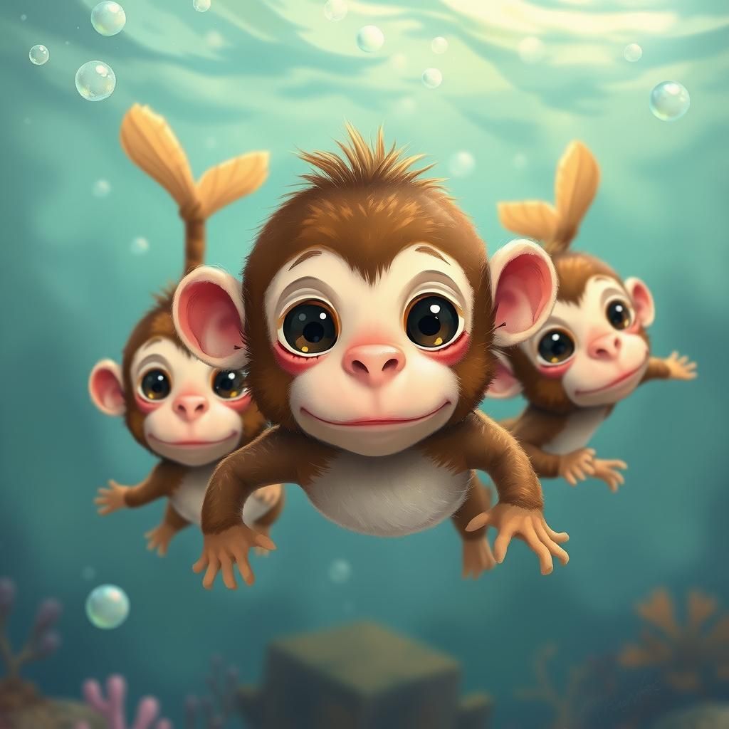 Playful Monkey Creatures in Underwater Fantasy Scene