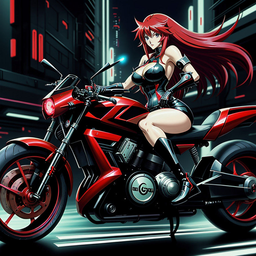 Rias Gremory in Cyberpunk 90's Anime Style Riding Futuristic...