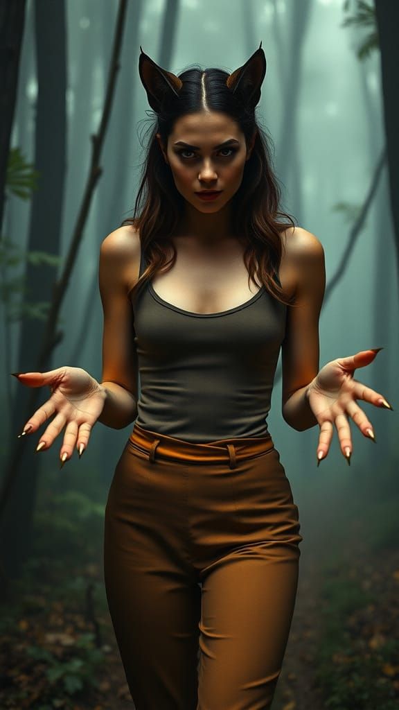 Woman with Feline Features Embracing Mystical Forest Atmosph...
