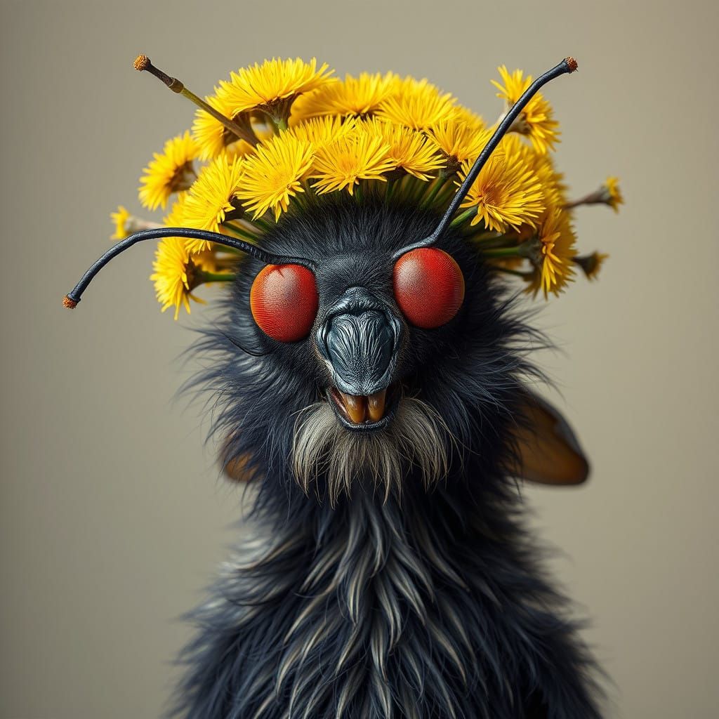 Furry Insect Monster in Whimsical Dandelion Crown