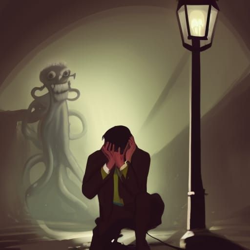 Crying Man Attacked by Kraken Under Streetlight
