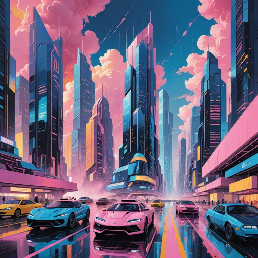Dreamlike Neon Metropolis in Swirling Pastel Hues