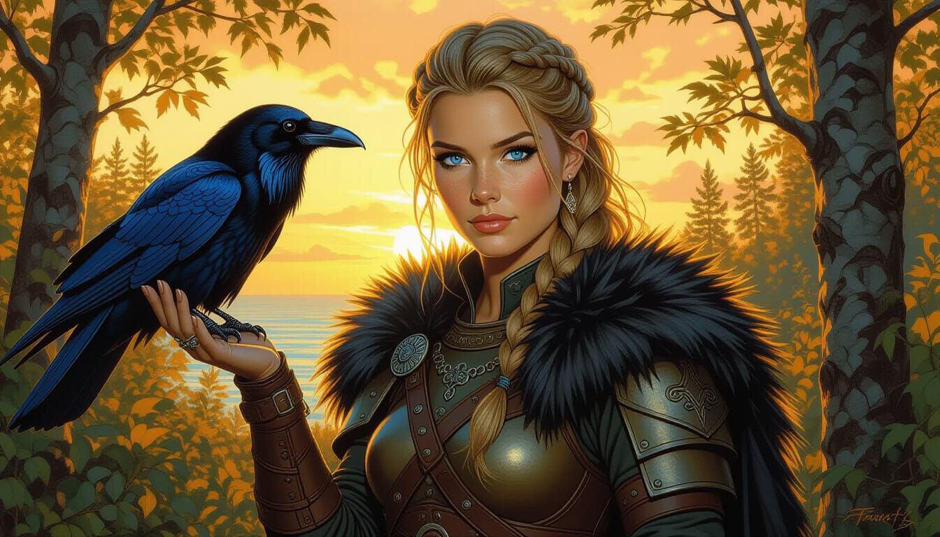 Viking Woman with Raven in Fantasy Art Style