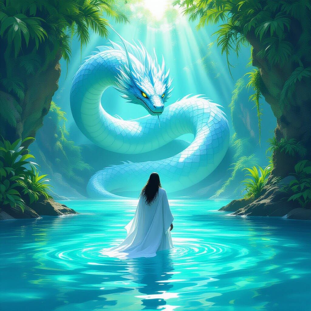 Serene Mage and Sea Serpent Spirit in Lagoon