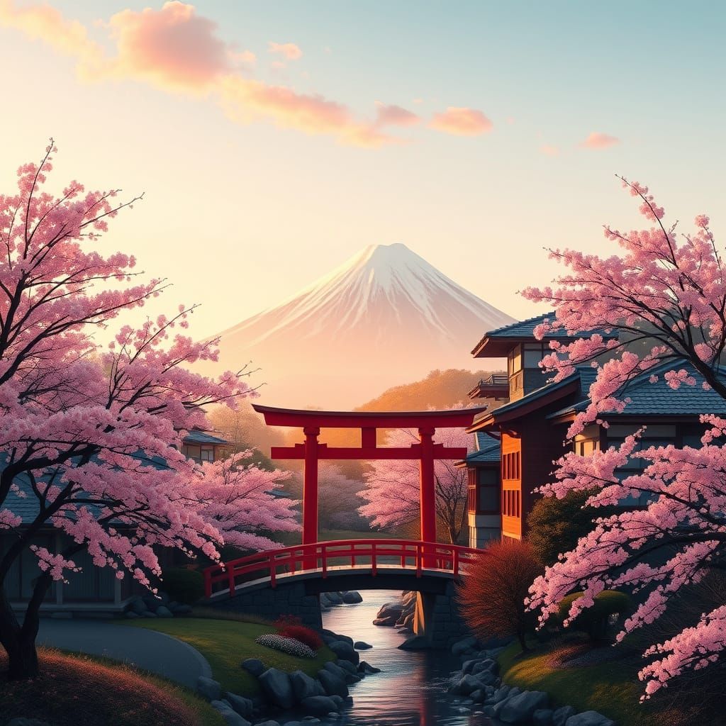 Japanese Dawn Scene with Mount Fuji and Cherry Blossoms