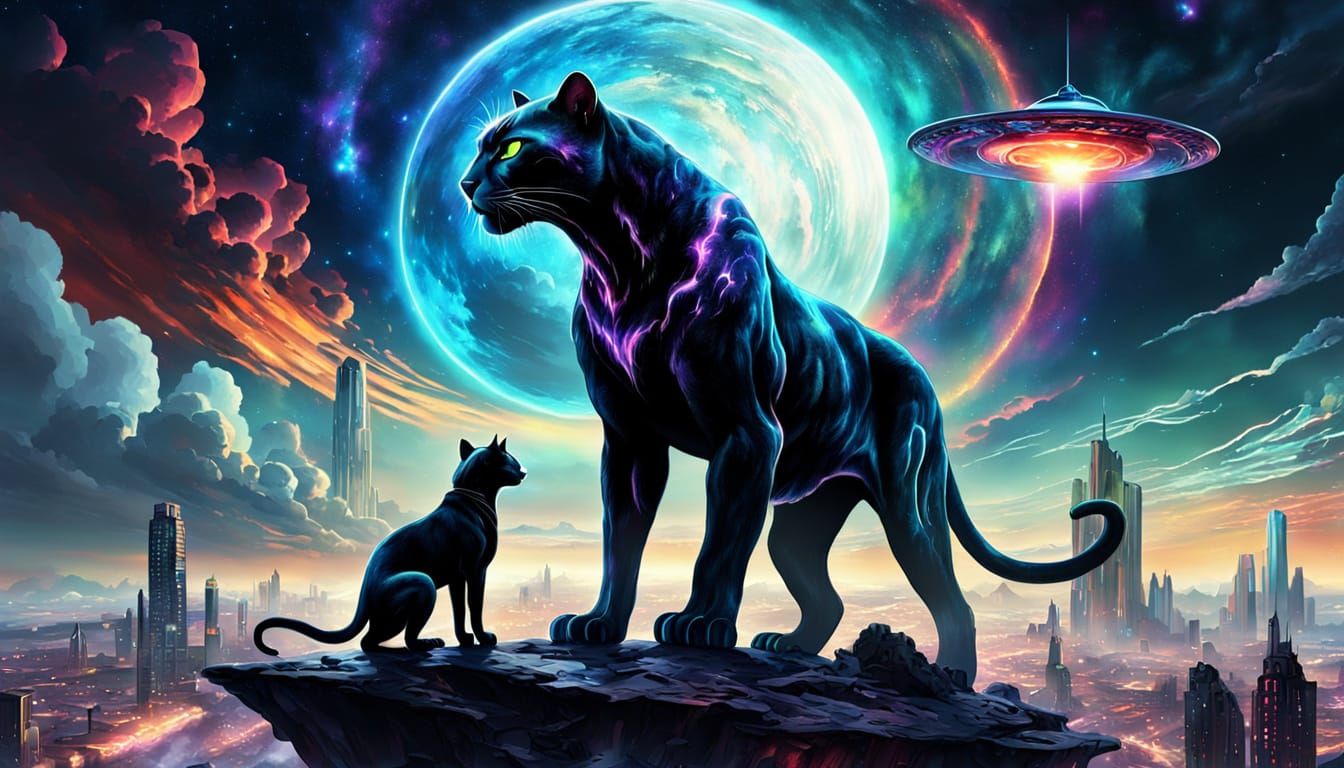 Alien and Panther in Cosmic Cityscape