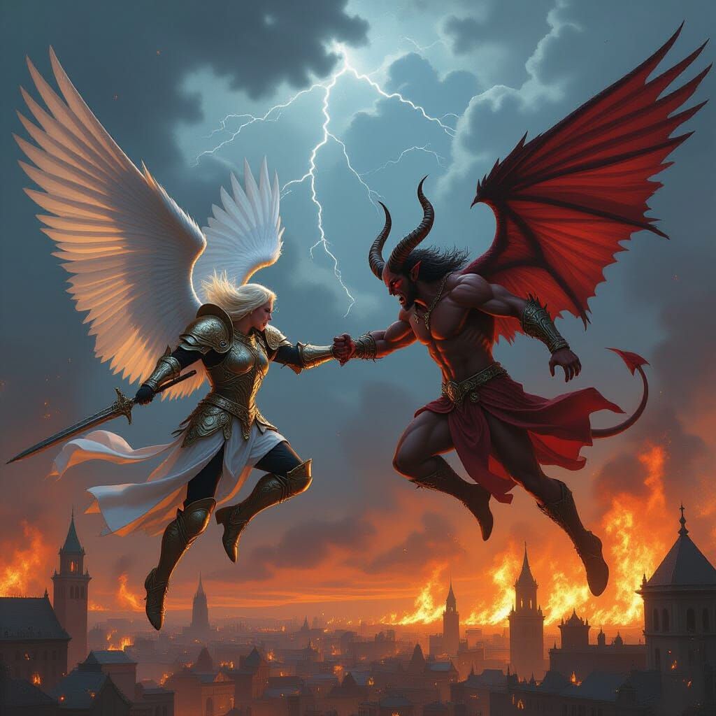 Angelic Warfare Above Burning City, Dark Fantasy Art