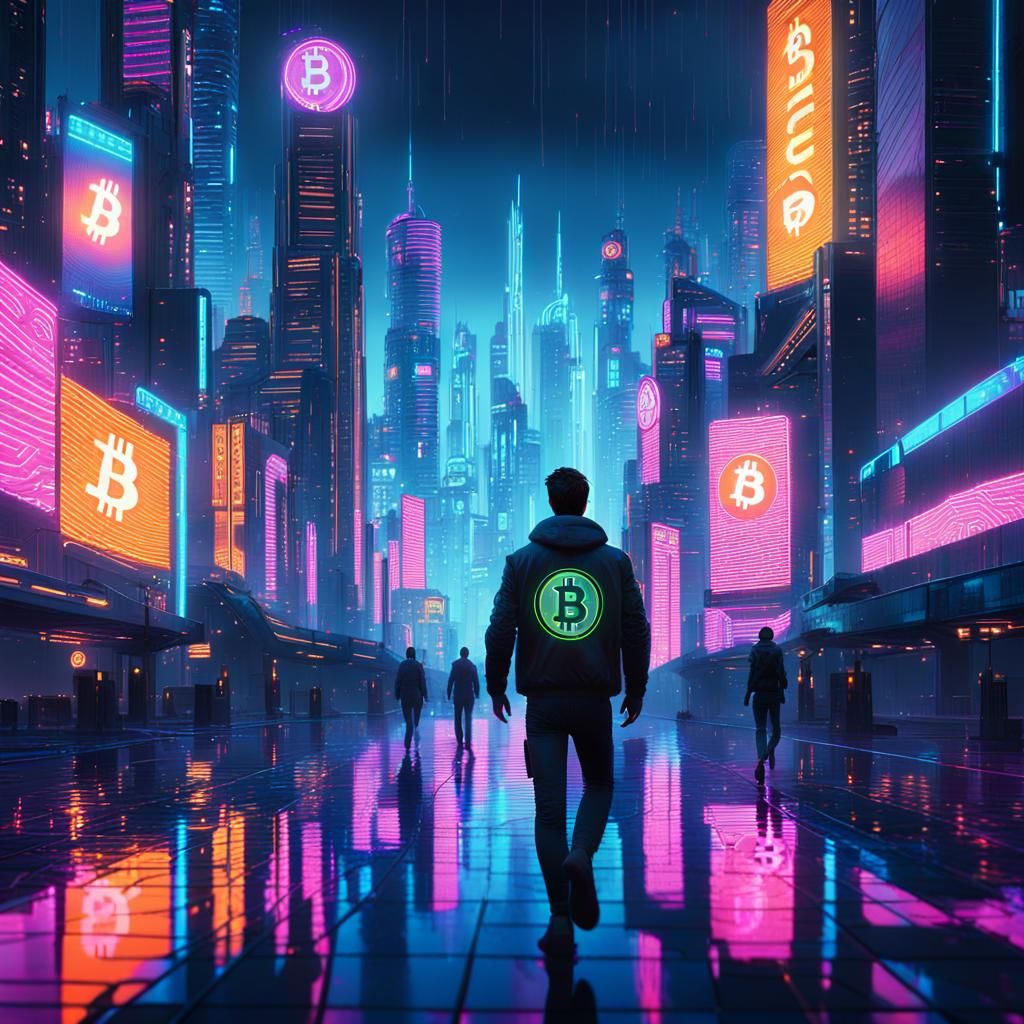 Cyberpunk Cityscape with Bitcoin Logos in Golden Hour