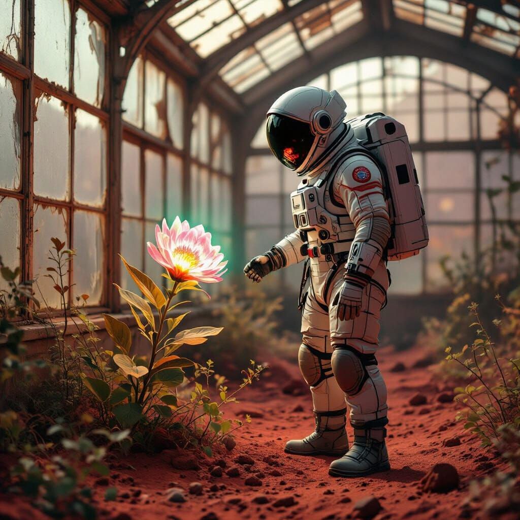 Martian Greenhouse: Bioluminescent Bloom in Retro-Futurism