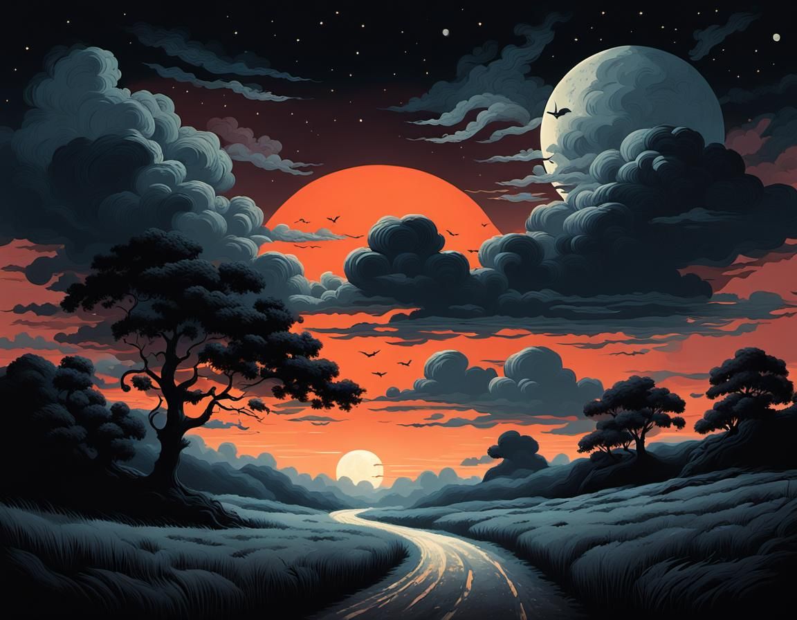 Dreamy Ornamental Clouds and Moonlit Road