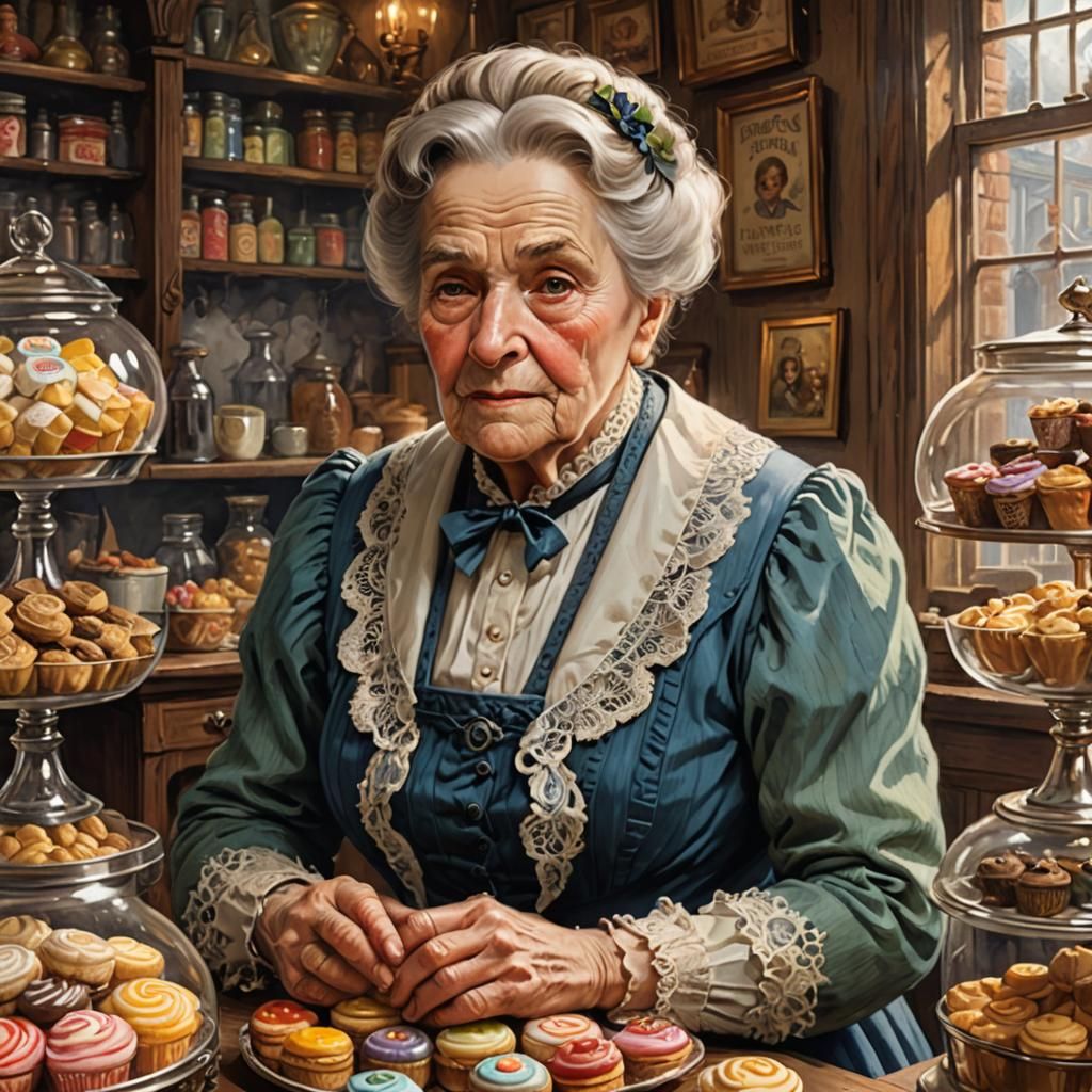 Old victorian lady grand mother owner of a sweet shop