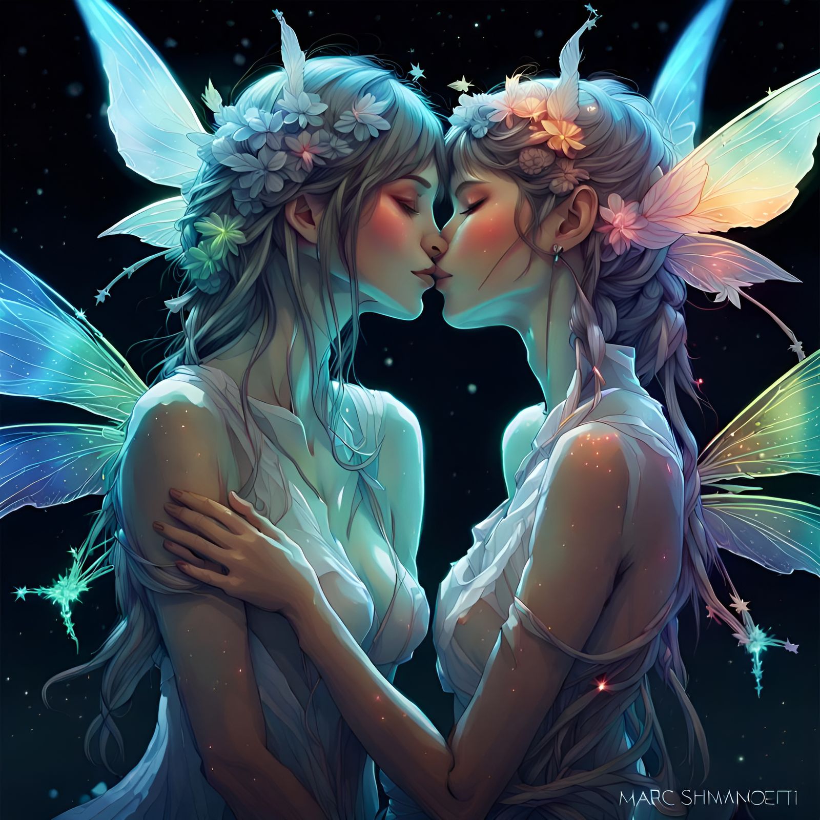 Lesbian Fairies Kissing Under Rainbow Constellations