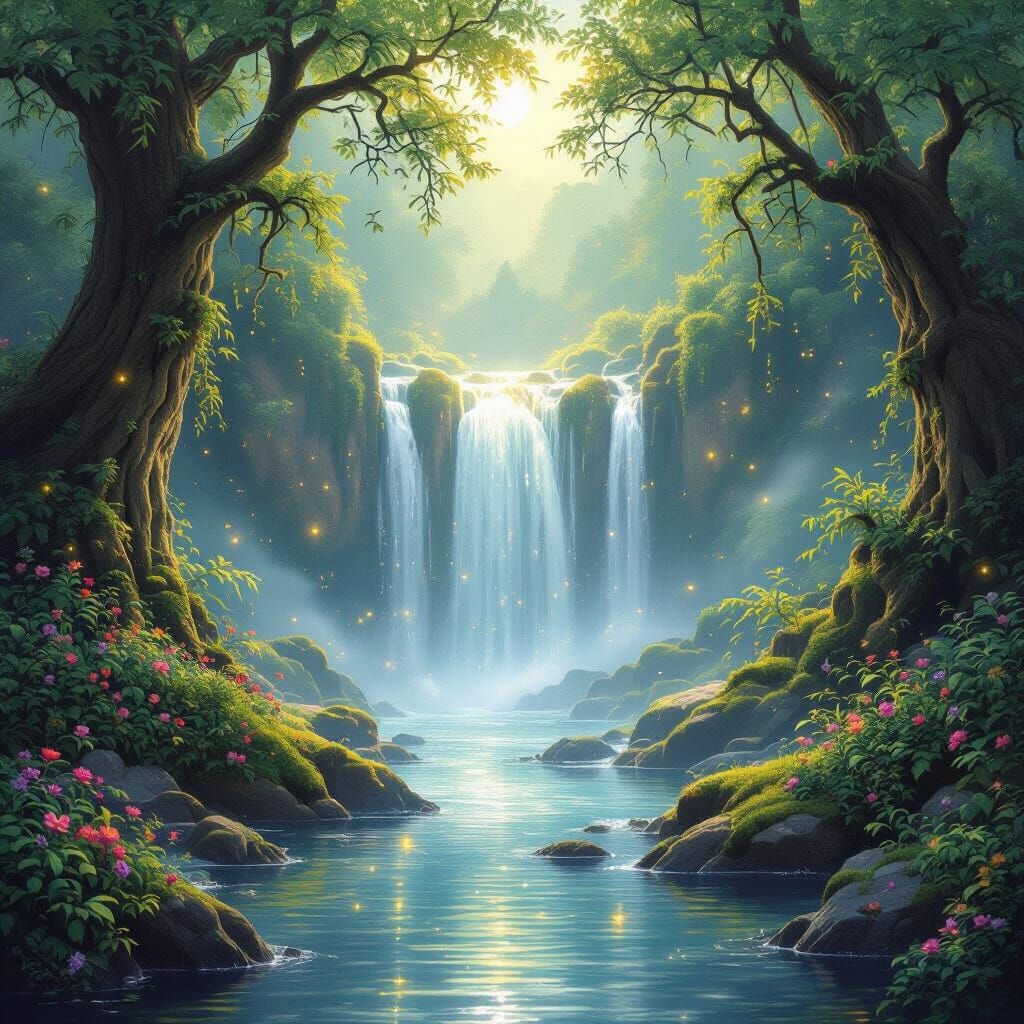 Enchanted Waterfall Scene with Magical Light
