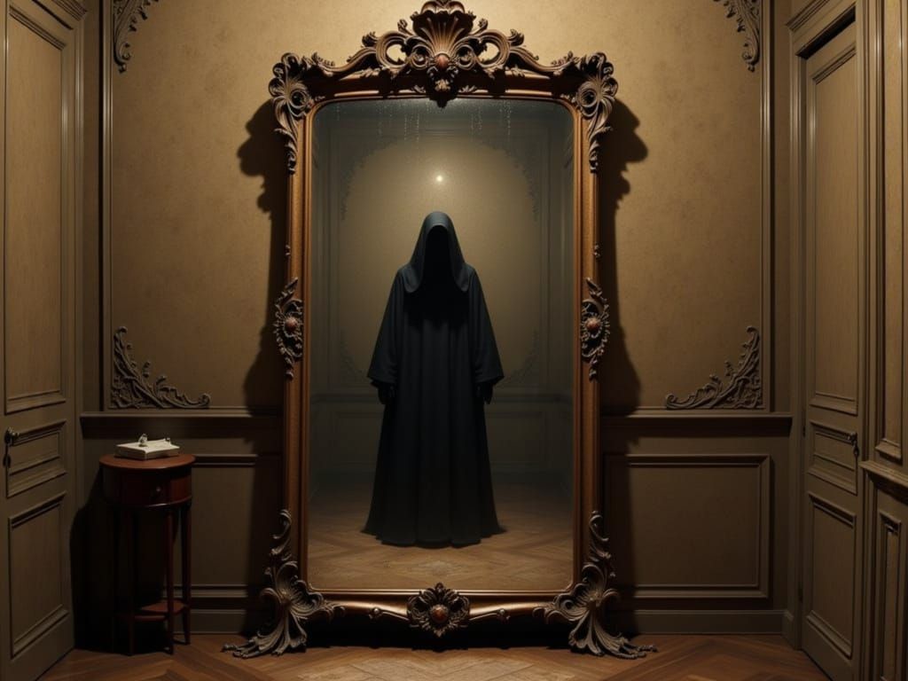 black shadowy ghost, dimly seen in the glass of a mirror