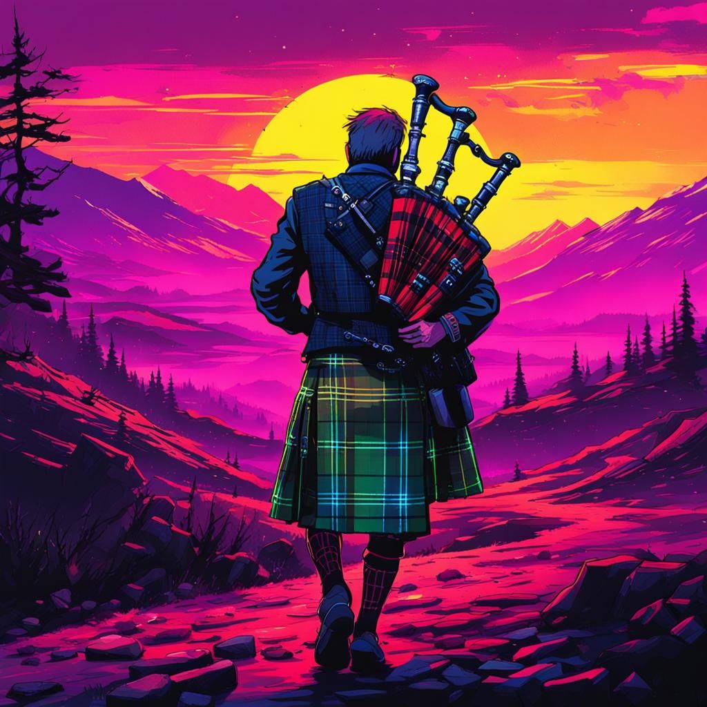 Cyberpunk Scot in Kilt Playing Bagpipes
