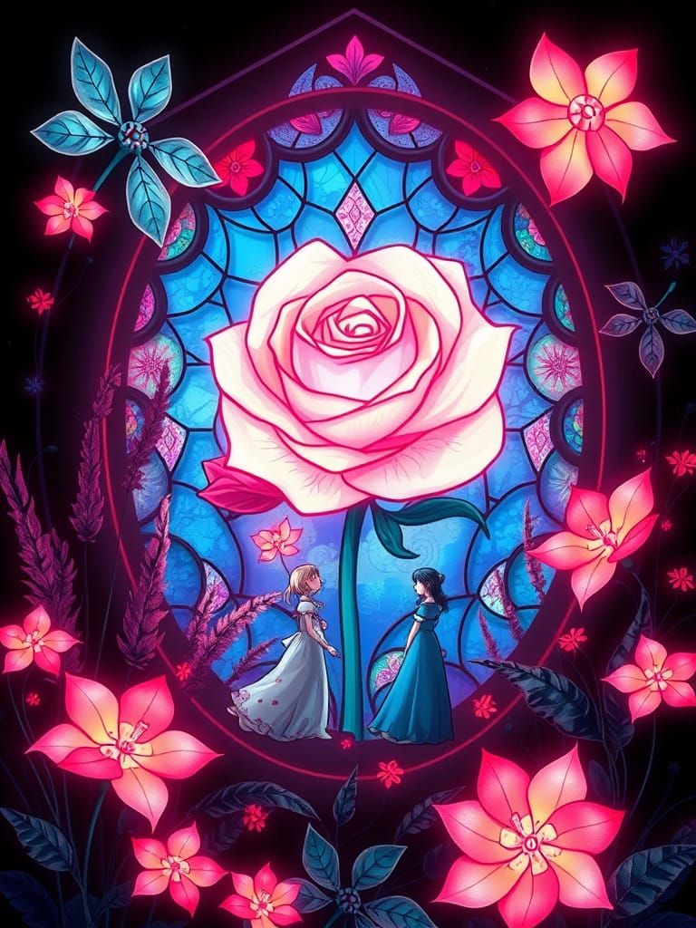 Neon Rose Window with Pinwheels in Glass Art Style