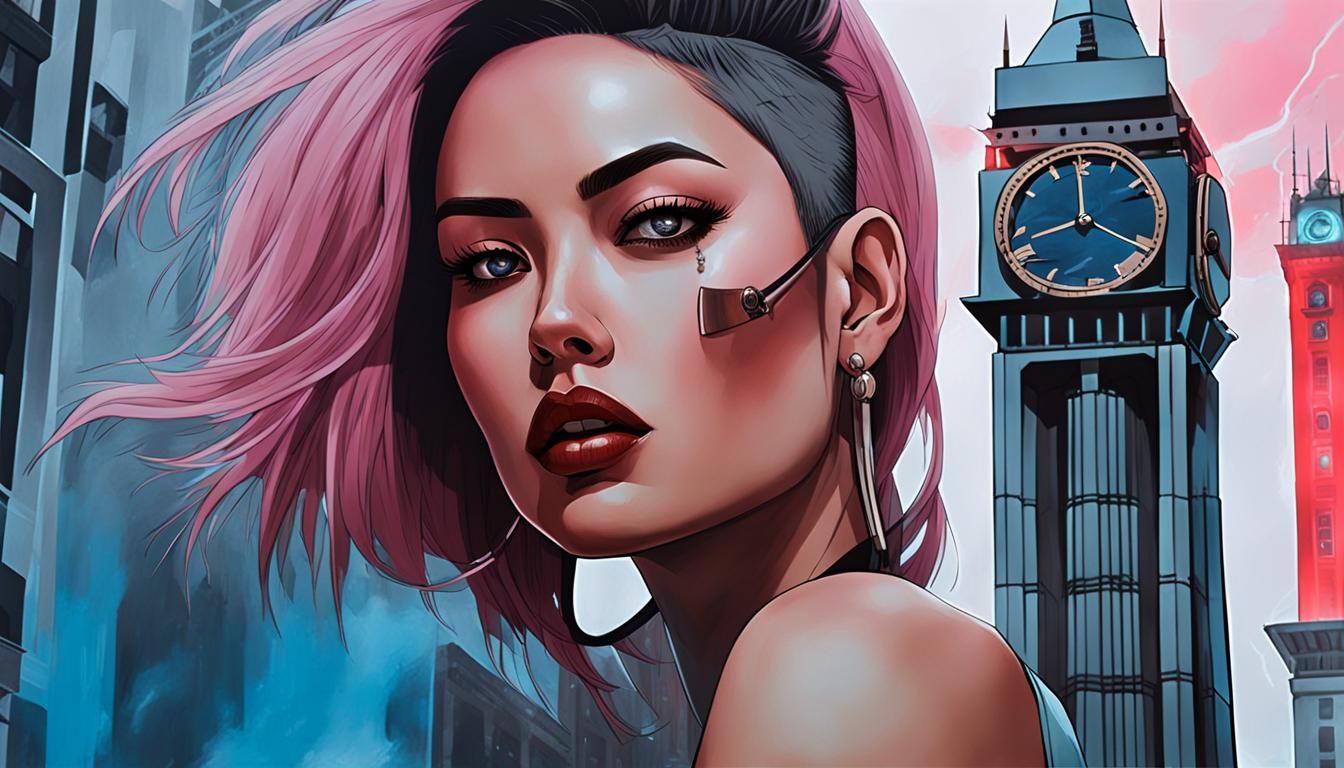 Cyberpunk Woman Falling in Dystopian Cityscape