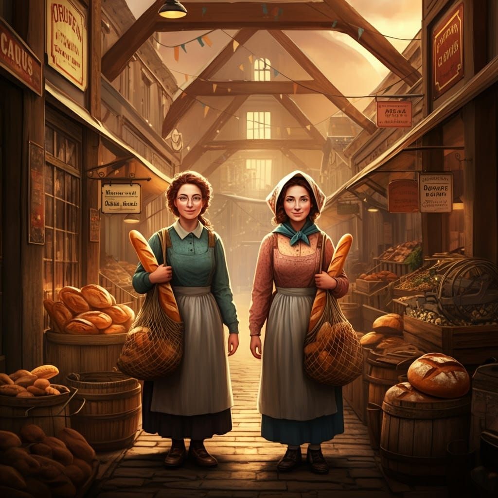 Charming Ladies at a Rustic Marketplace