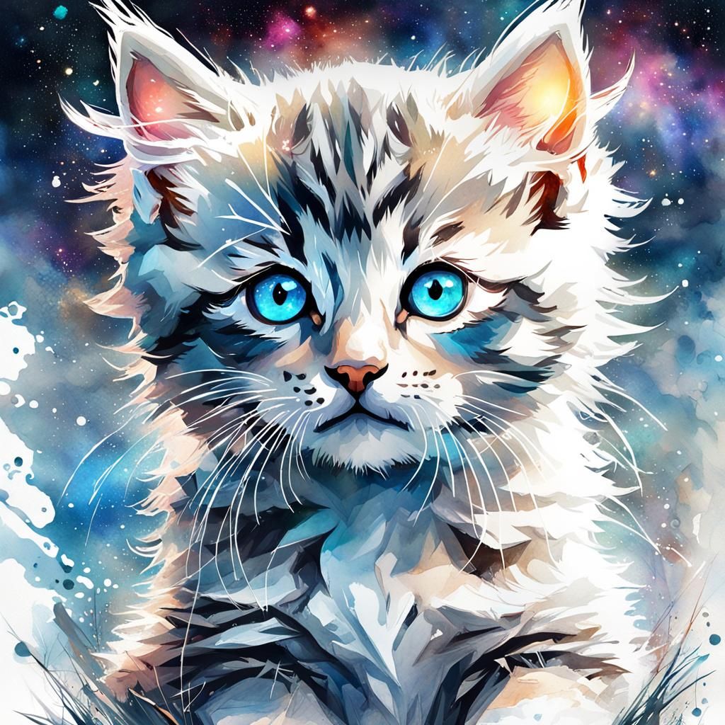 Chibi Kitten in Galaxy, Watercolor Digital Art