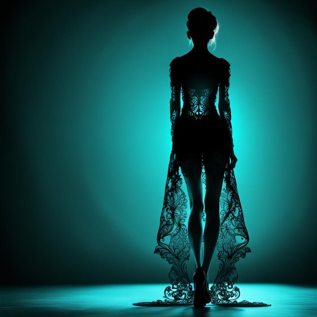 Beautiful Woman Silhouette in Cyan and Black