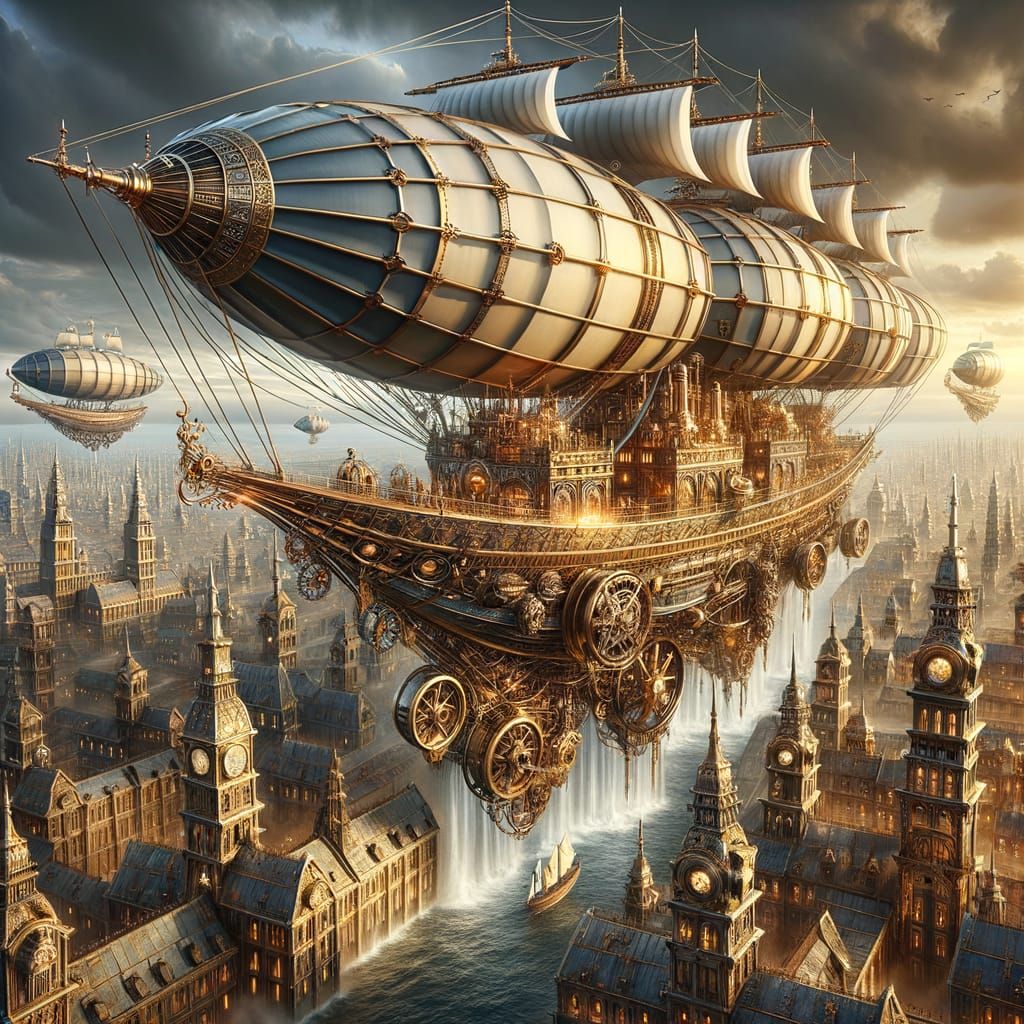 Elegant Steampunk Hourglass Airship Over City of Clockwork T...