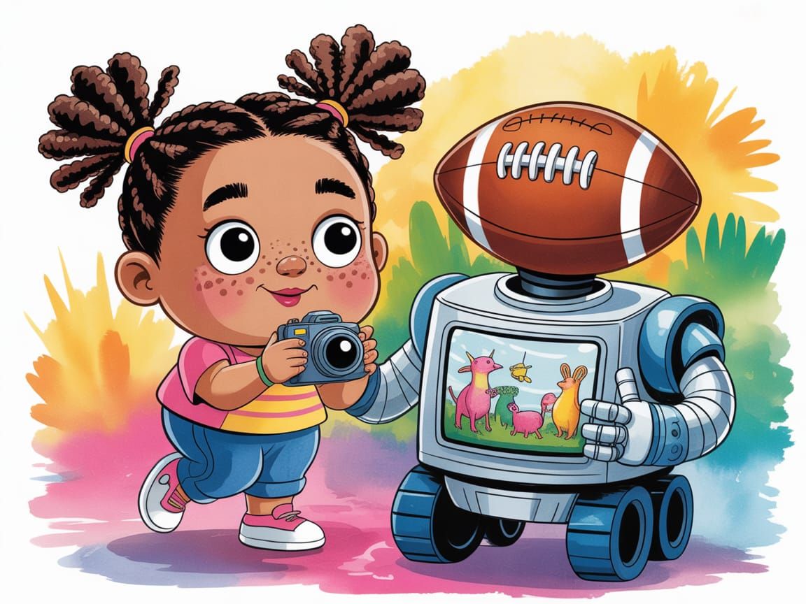 Girl Building Robot in Wet-on-Wet Watercolor Style