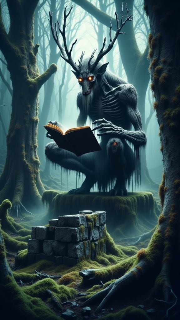 Wendigo Contemplates Dark Tomes in Mysterious Forest