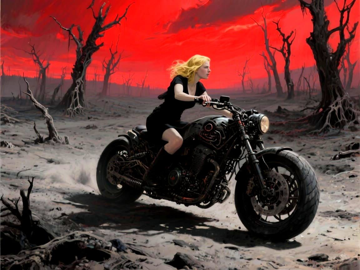 Woman on Motorcycle in Apocalyptic Landscape