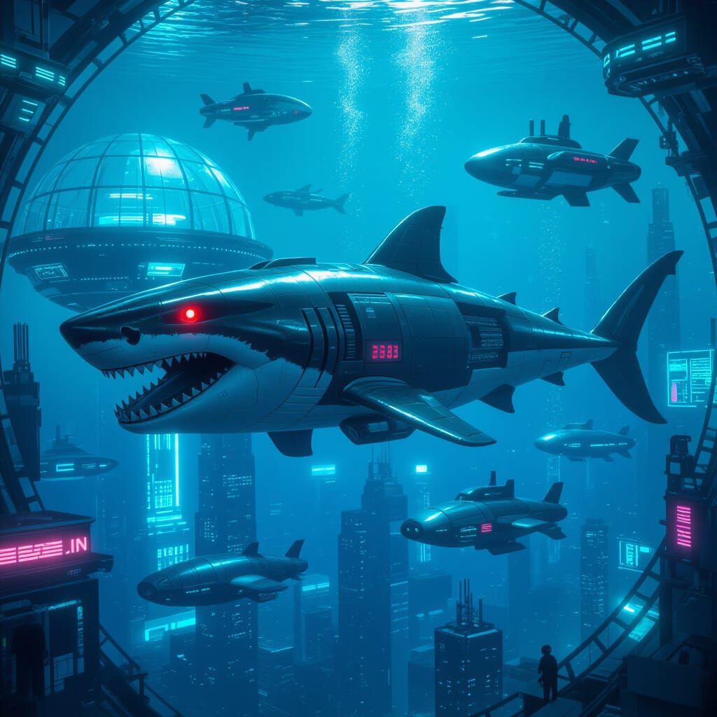 Robo-Megalodon in Futuristic Underwater City