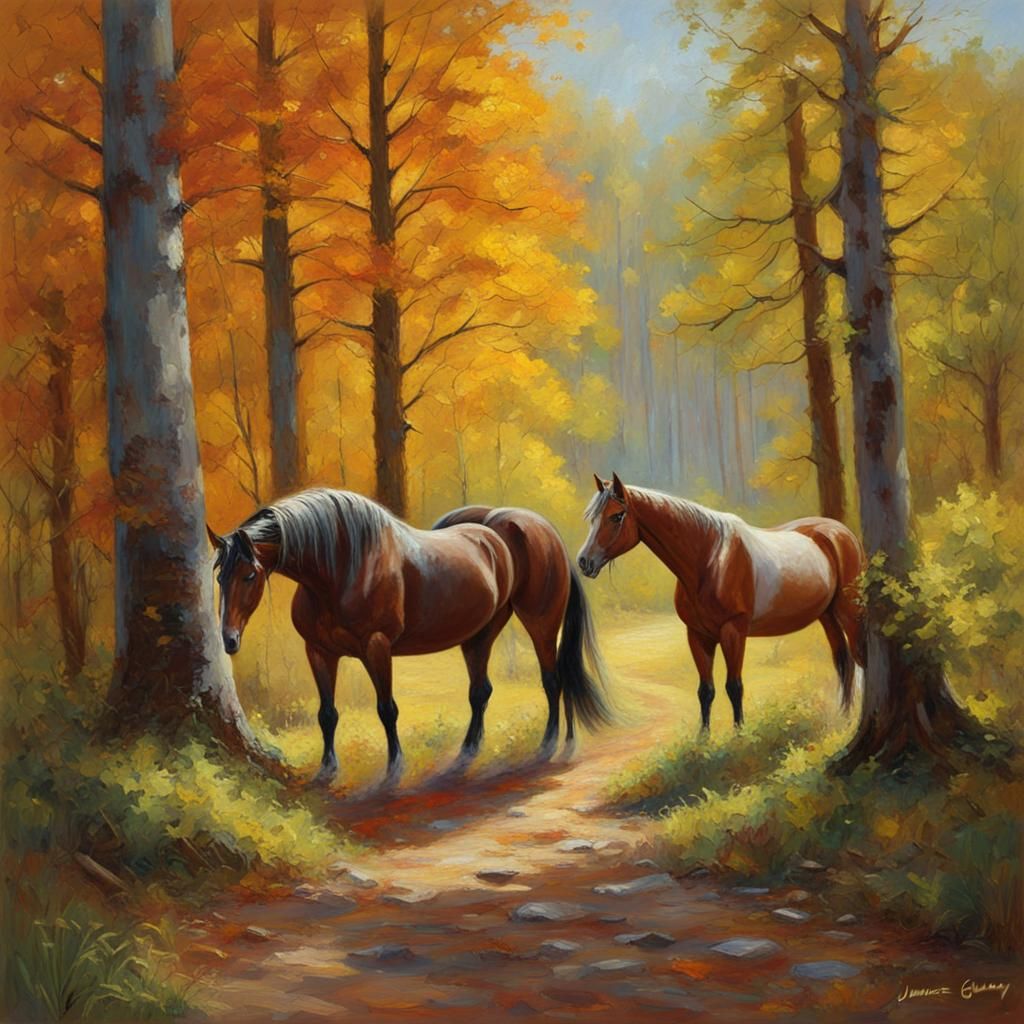 Horses in Autumn Forest: Oil Painting