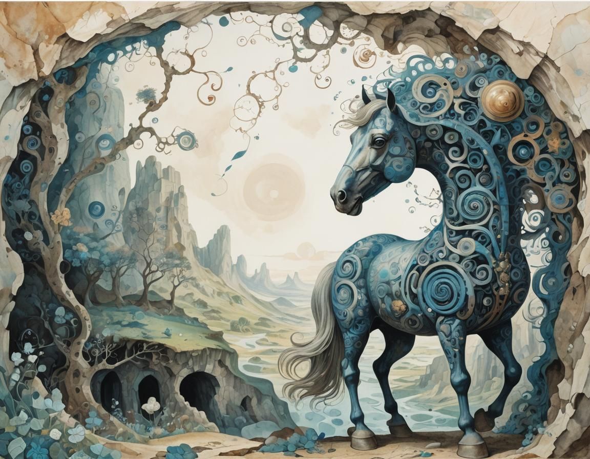 Surreal Horse in Cave with Swirling Patterns