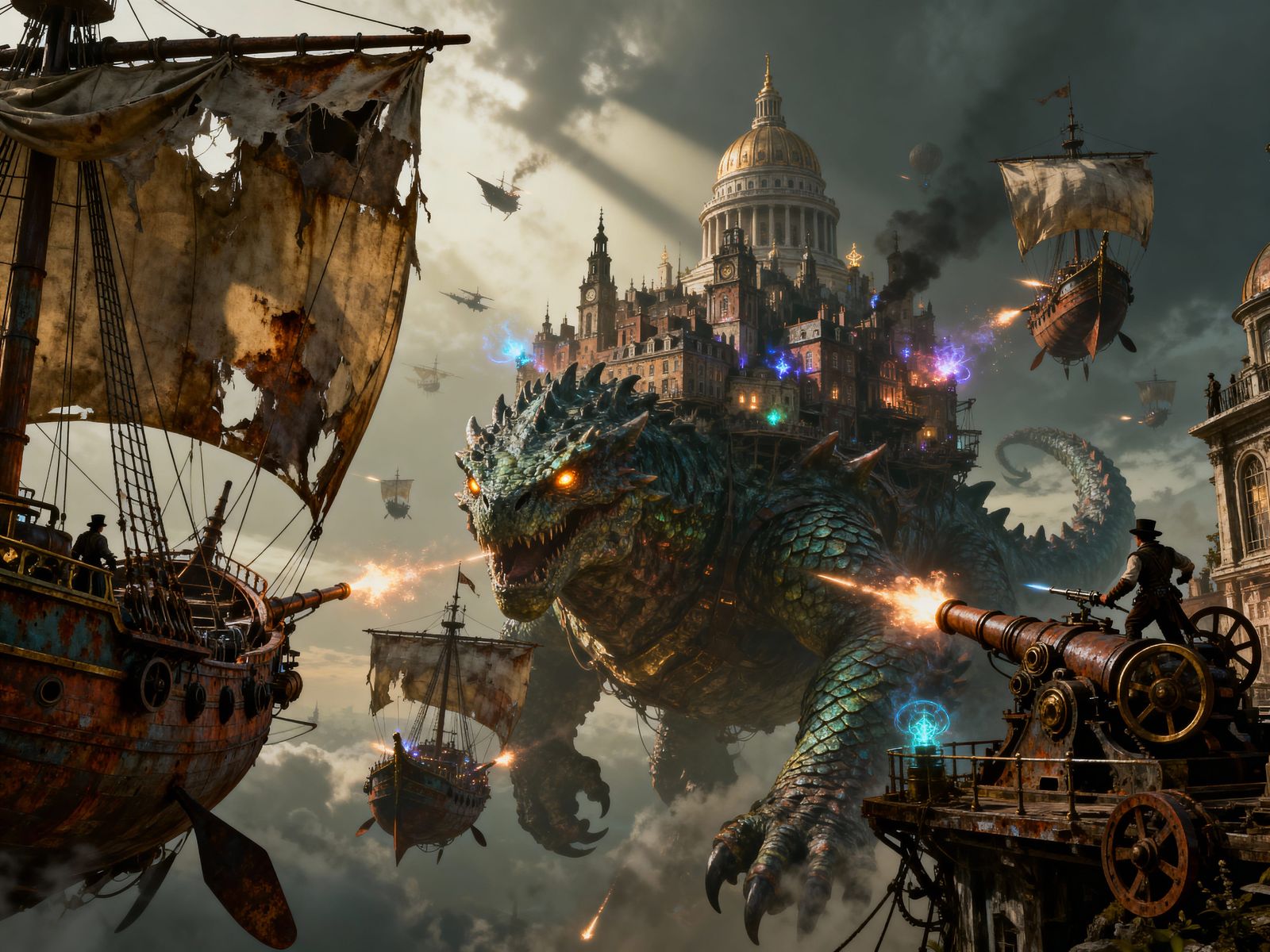 Fantasy Airship Armada Battles Kaiju Tarrasque