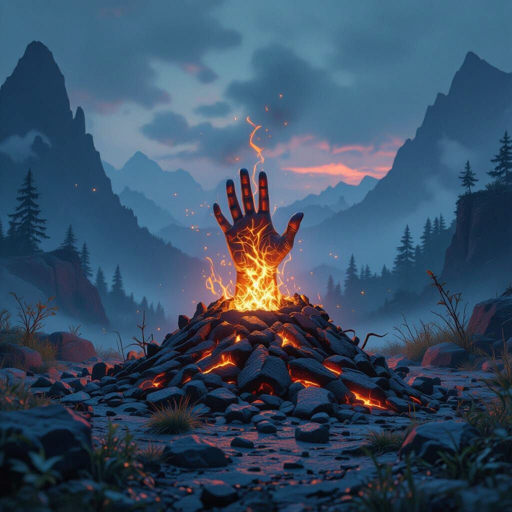Mystical Hand Emerges in Fantasy Landscape
