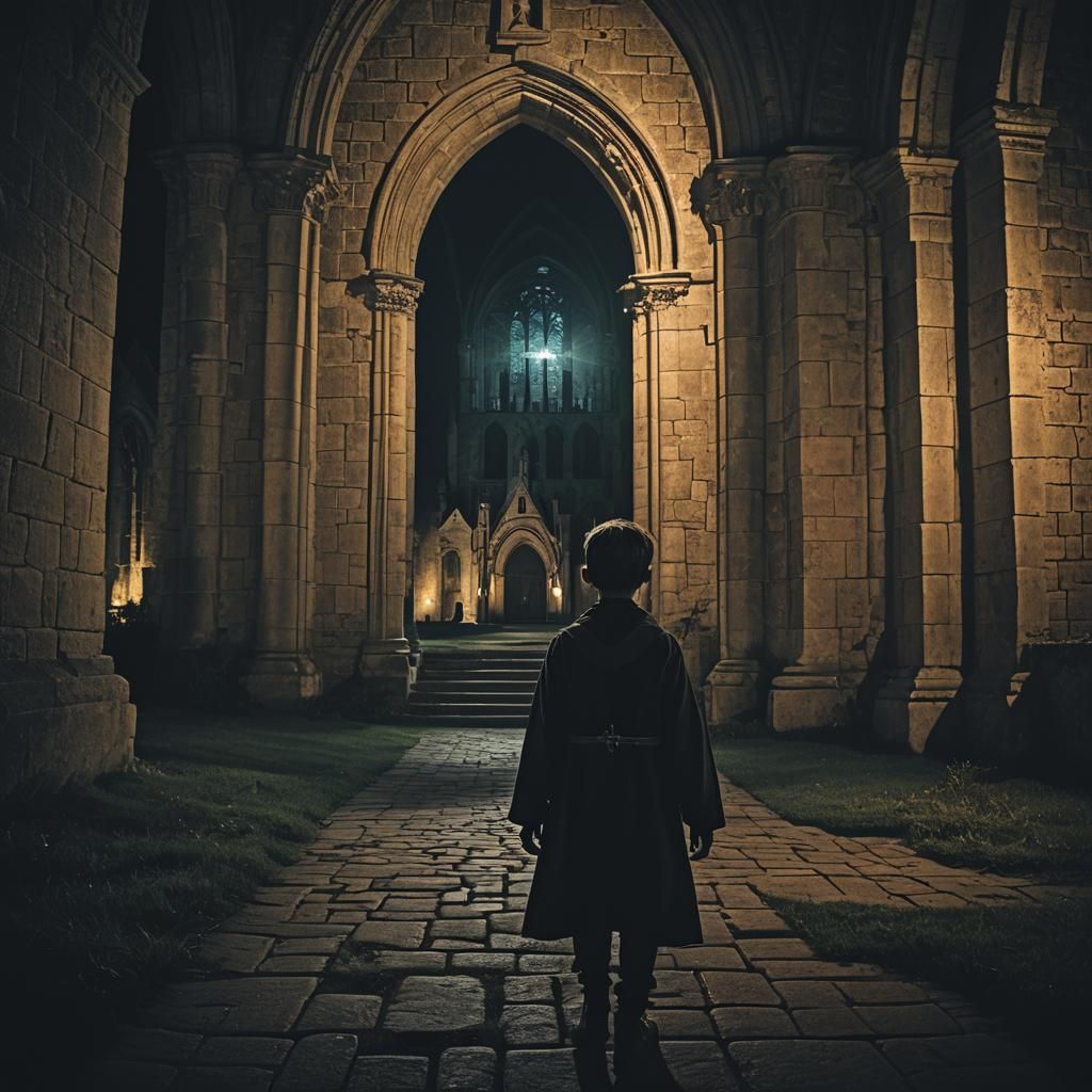 Boy with Inverse Cross at Abbey: Dark Fantasy Film Still