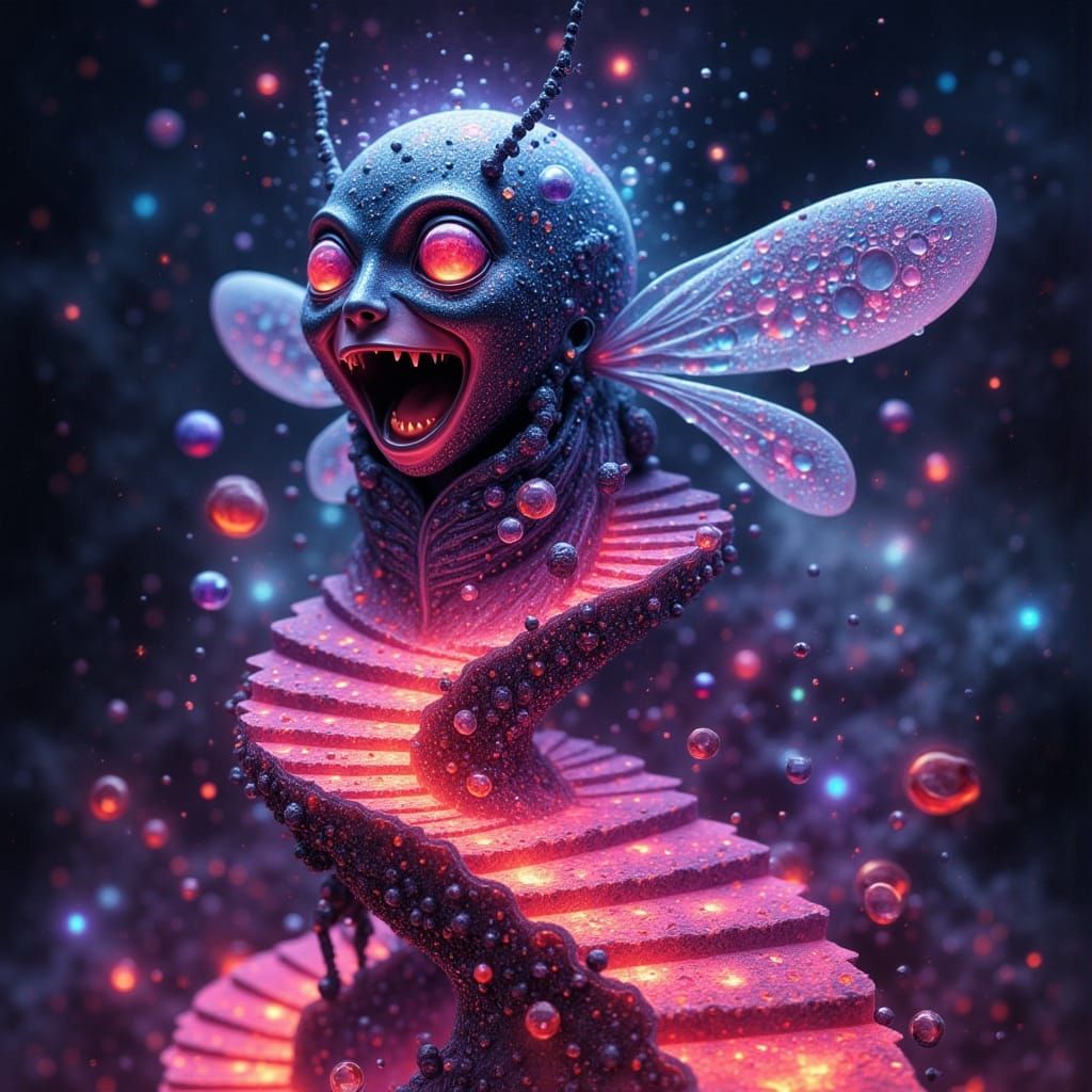 Laughing Ladybug on Ruby Staircase in Neon Futurism